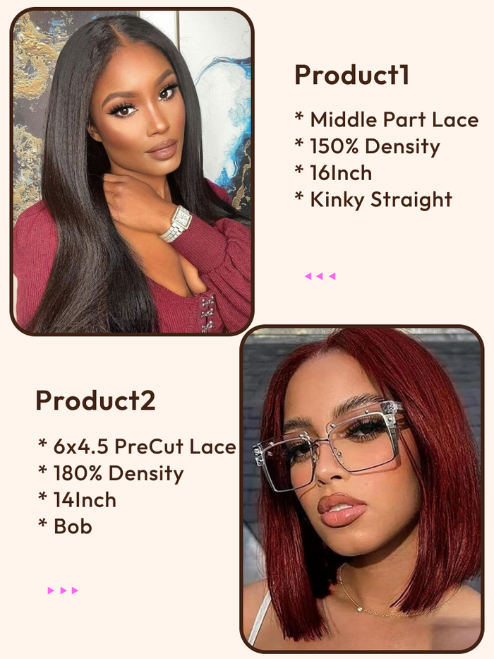 Petaluxe 2 Wigs $165 for 16" Middle Lace Part Kinky Straight Wig and 14" Reddish Brown PreCut 6x4.5 Lace Bob Wig
