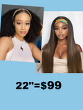 Petaluxe 22"-24" Low Maintenance Put On& Go Chestnut Brown Ombre Yaki Straight Headband& Afro Kinky Curly Half Human Hair Glueless Wig