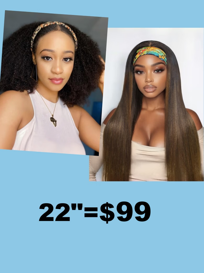 Petaluxe 22"-24" Low Maintenance Put On& Go Chestnut Brown Ombre Yaki Straight Headband& Afro Kinky Curly Half Human Hair Glueless Wig