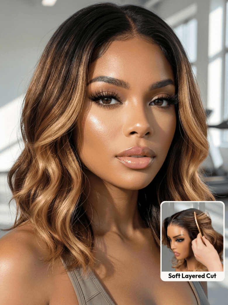 13x4 Pre-Everything? Lace Frontal Brown With Honey Blonde Face-Framing Highlights Wavy Bob Glueless Drawstring Wig Workout Friendly Secure Fit