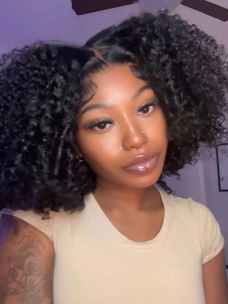 7x5 Lace 180% Density Bye Bye Slip? Natural Black Afro Kinky Curly with Finger Coil Ends Drawstring Wig