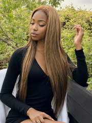 [24"=$159] Put On And Go 6x4.5 Pre Cut Lace with Baby Hair Honey Blonde Highlights Straight Hair Air Wig