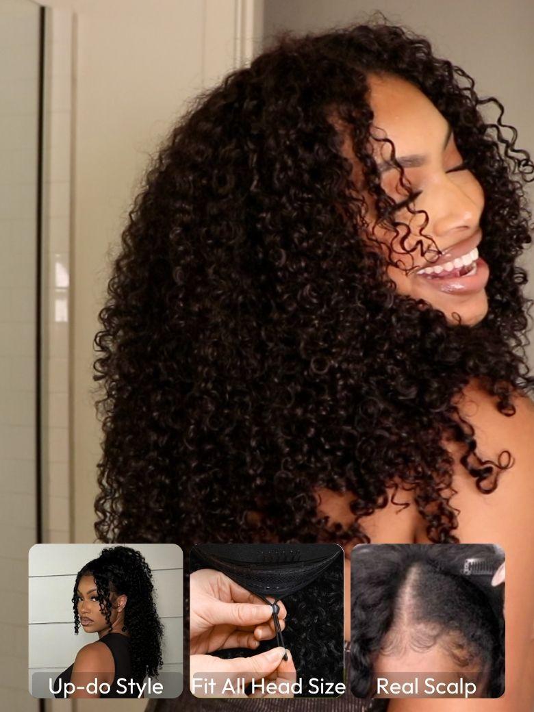 EasiContour? V Part Minimal Glueless Curly Glueless Wig With Invisi Drawstring 100% Human Hair 150% Density