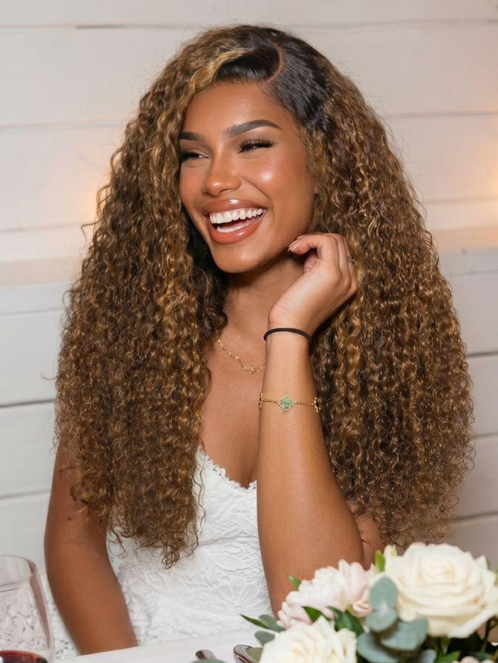 Petaluxe 13x4 Bye Bye Slip? Lace Frontal Brown with Caramel Highlights Glueless Curly Wig with Dark Roots