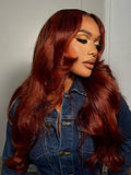 [From 18Inch]Petaluxe Bye-Bye Knots 7x5 Lace Loose Wave Red Orange Highlights Wig with Face Framing Layers 150% Density