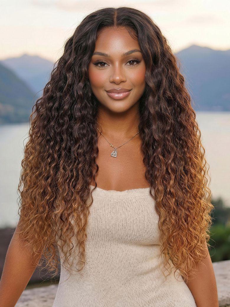 7x5 Bye Bye Slip? Lace Caramel Brown Ombre with Dark Roots Water Wave Glueless Wig