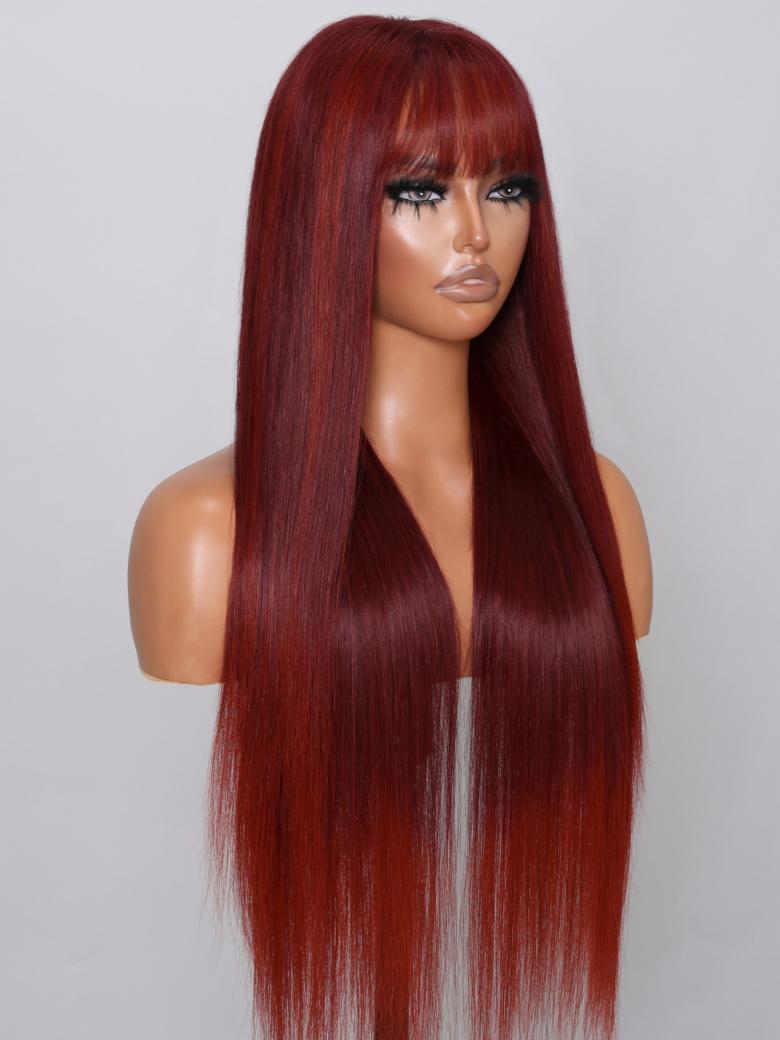 Put On And Go 6x4.5 Pre-Cut Lace 180% Density Cherry Red Straight Air Wig With Bang
