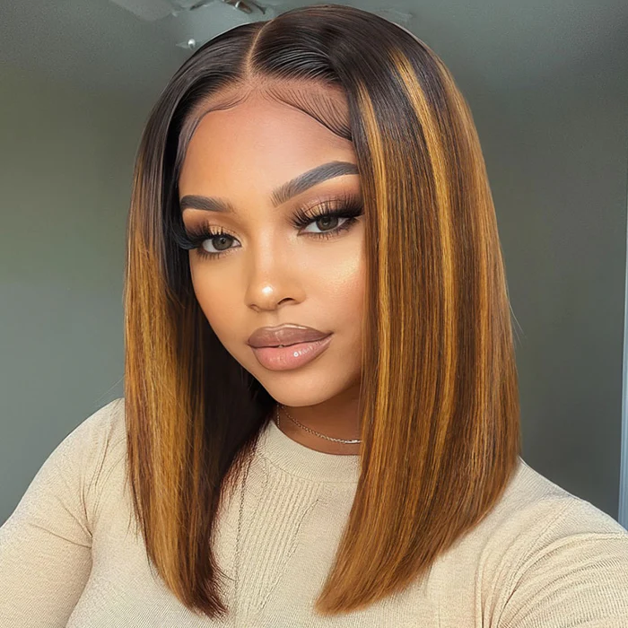 Petaluxe Bye-Bye Knots 7x5 Lace Brown With Blonde Piano Highlights Blunt Bob Wig with Dark Roots
