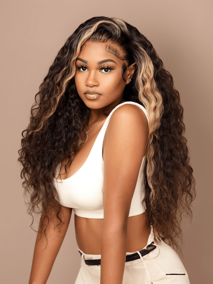 Petaluxe 13x4 Lace Front Black Curly Wig With Blonde Piano Highlights