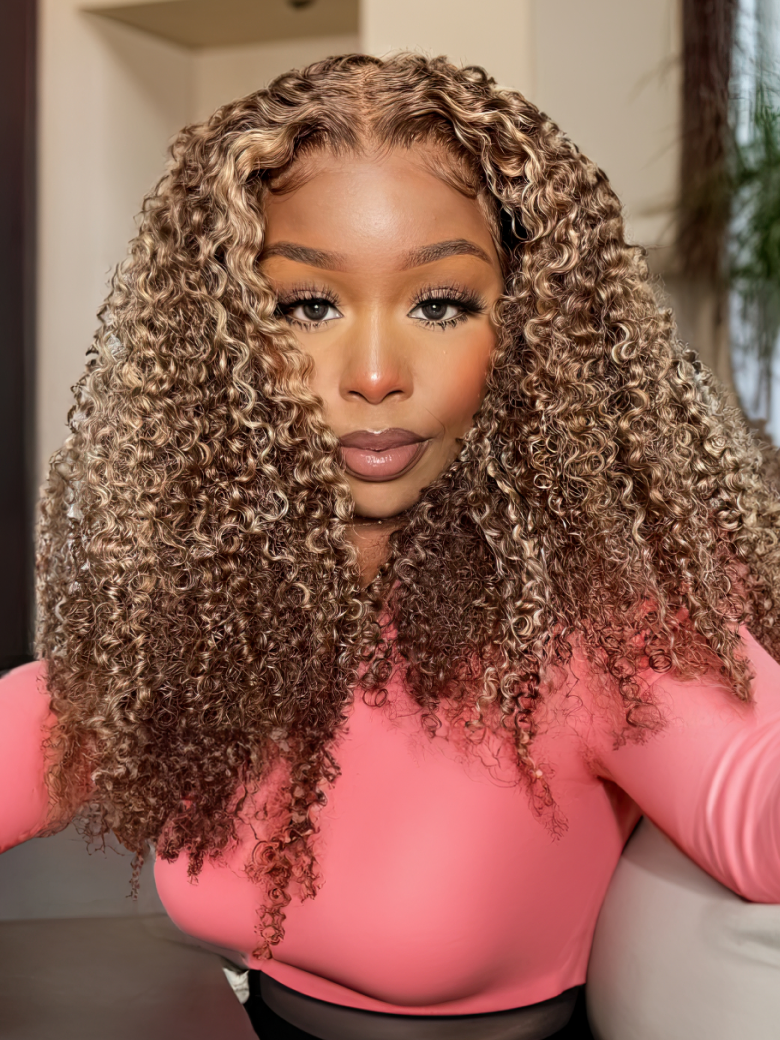 Honey Blonde Sun Kissed Highlights 13x4 Transparent Lace Front Kinky Curly Wig 150% Density