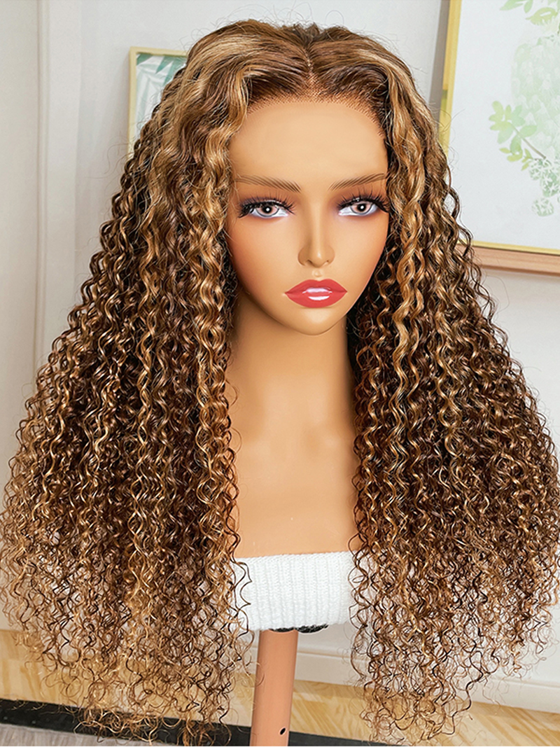 Jerry Curly 4x4 Lace Closure Honey Blonde Balayage On Brown Wig