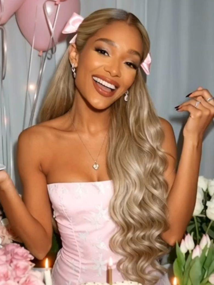 Petaluxe Ash Blonde With Brown Roots No Slip 13x4 Pre-Everything? Lace Frontal Body Wave Wig with Invisi Drawstring
