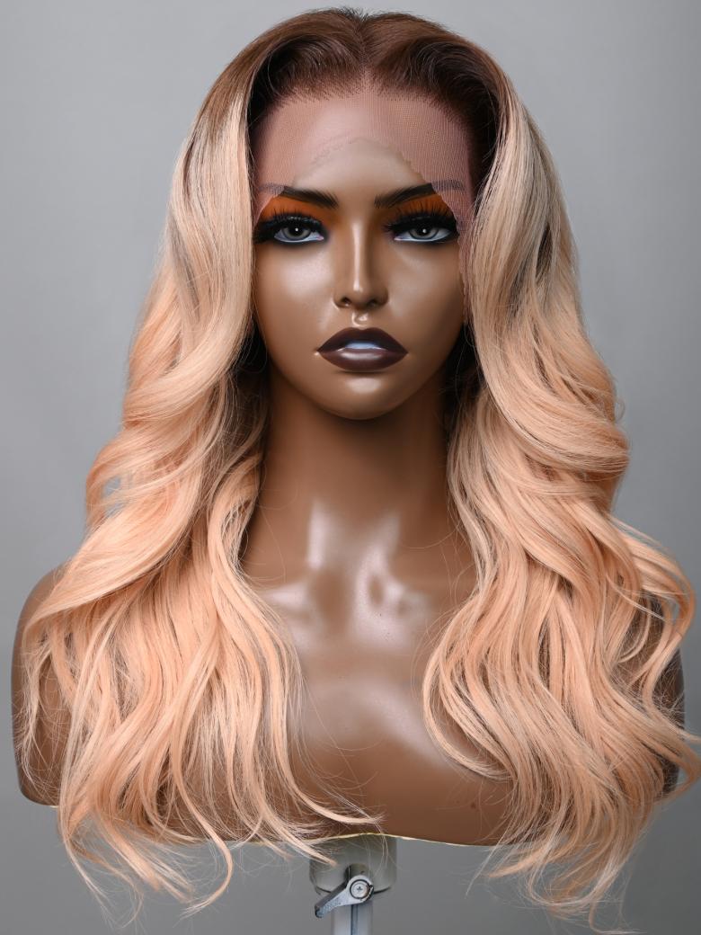 20 Inch 13x4 Lace Front Peachy Blonde Body Wave Wig With Dark Roots