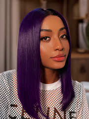 Lace Front Blunt Cut Bob Dark Purple Wig With Dark Roots
