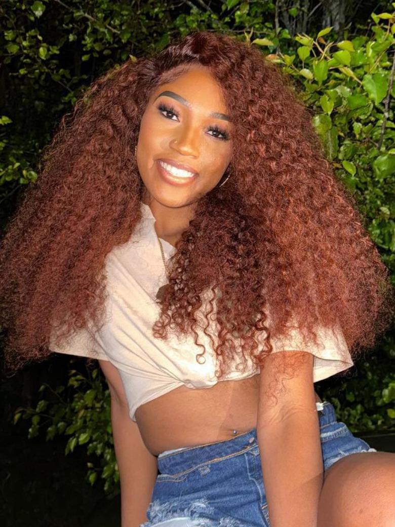 13x4 Lace Frontal Reddish Brown Curly Hair with Babyhair Pre-bleached Knots Human Hair Wig