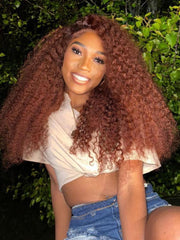 [18"=$17 by installments] 13x4 Lace Frontal Reddish Brown Curly Hair with Babyhair Pre-bleached Knots Human Hair Wig
