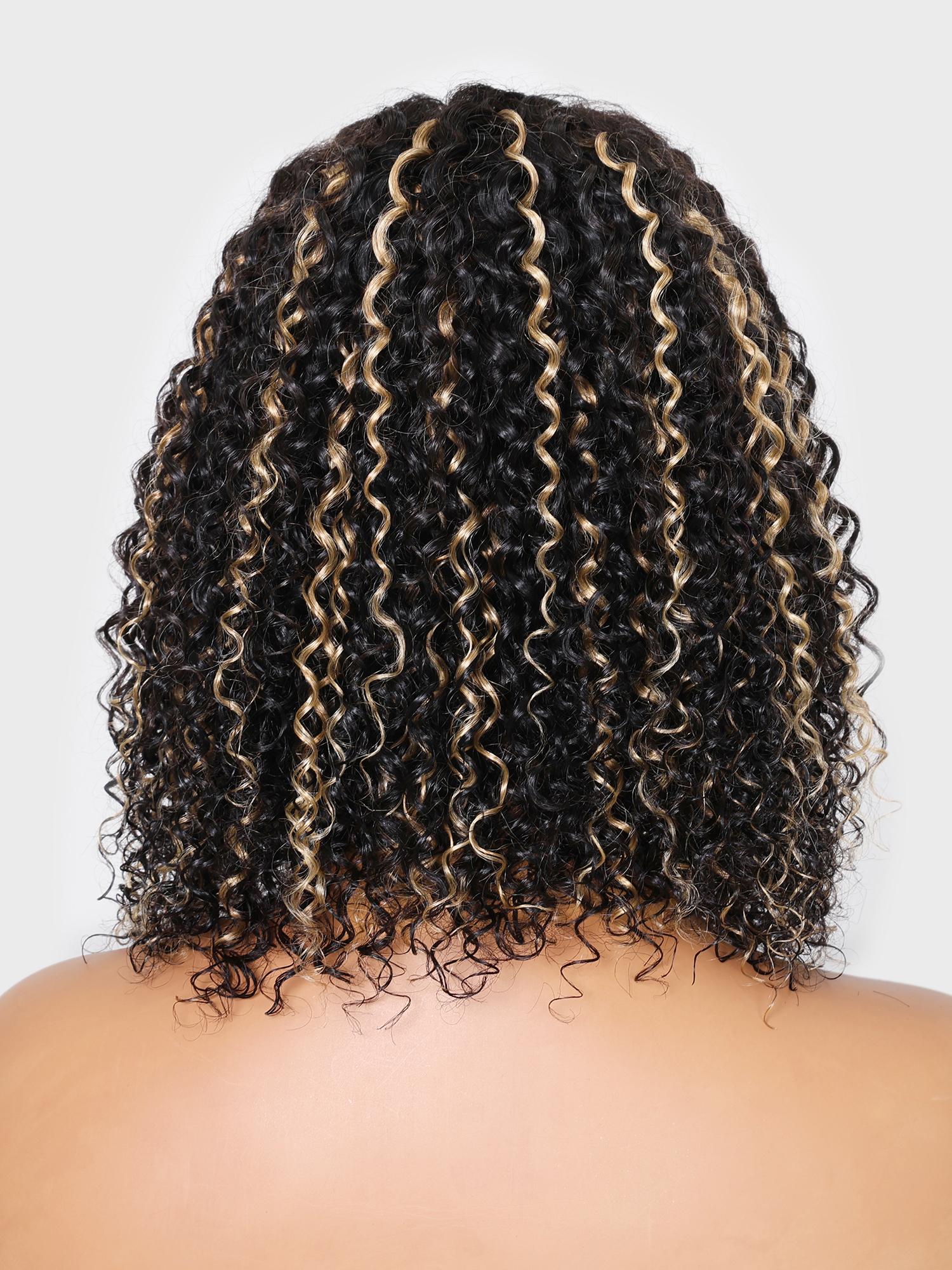 Put On And Go 6x4.5 Pre-Cut Lace Black With Blonde Highlights Bouncy Jerry Curly Air Wig