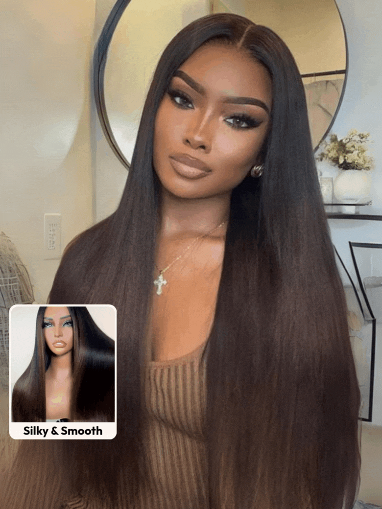 EasiContour? V Part Black to Chestnut Brown Ombre Yaki Wig With Invisi Drawstring