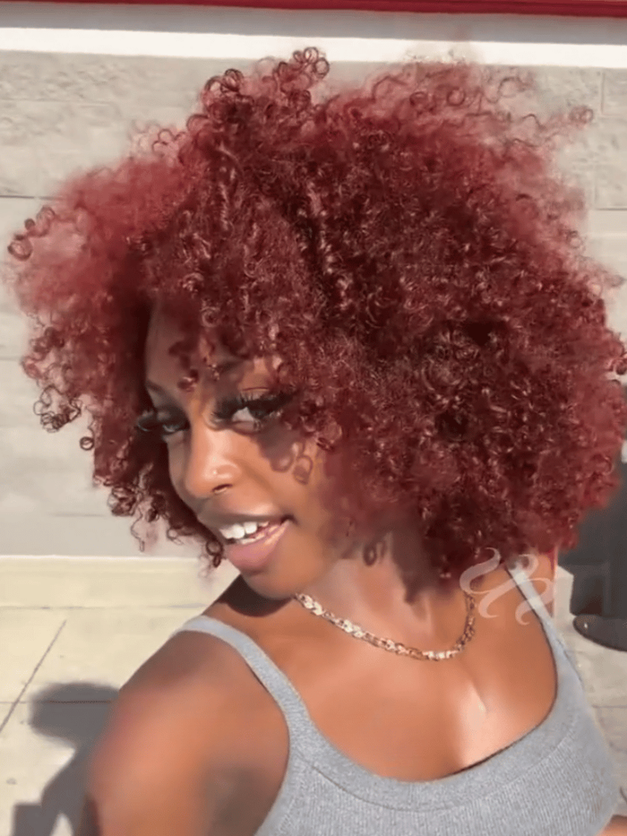 Petaluxe 7x5 Bye-Bye Slip? Wig Glueless Lace Sunset Afro Kinky Curly & Jerry Curly for Reddish Brown Drawstring Wig