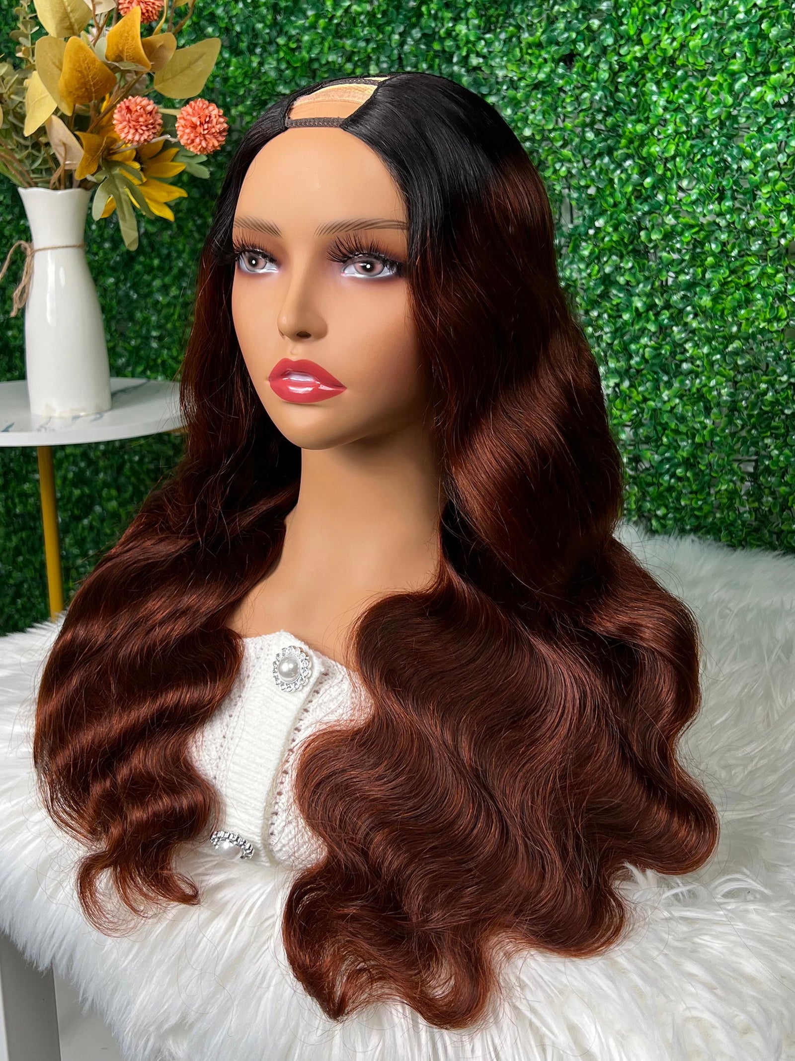 Glueless Dark Red Auburn Body Wave U Part Wig With Black Roots