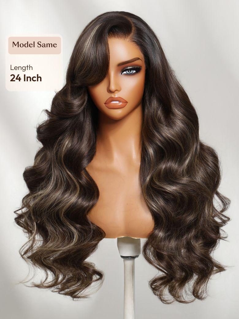 13x4 Bye Bye Slip? Lace Frontal Dark Chocolate Brown with Caramel Highlights Body Wave Wig with Side Part Bangs