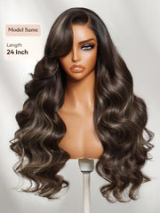 13x4 Bye Bye Slip? Lace Frontal Dark Chocolate Brown with Caramel Highlights Body Wave Wig with Side Part Bangs