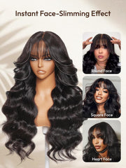 7x5 Bye-Bye Knots? & 13x4 Pre-Everything? & HD Lace Frontal Pull And Go Black Fluffy Natural & Balayage Highlights Loose Wave Wispy Bangs Wig