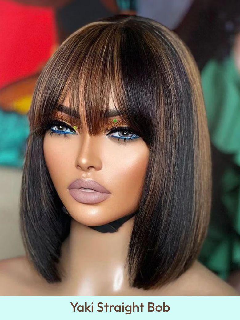 Black Yaki Wig Human Hair Glueless Wig with Blunt Bangs