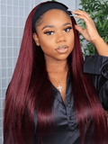 Petaluxe [BOGO FREE] 20 Inch Ombre 99j Wine Red Color Straight Human Hair Headband Wig With Black Root