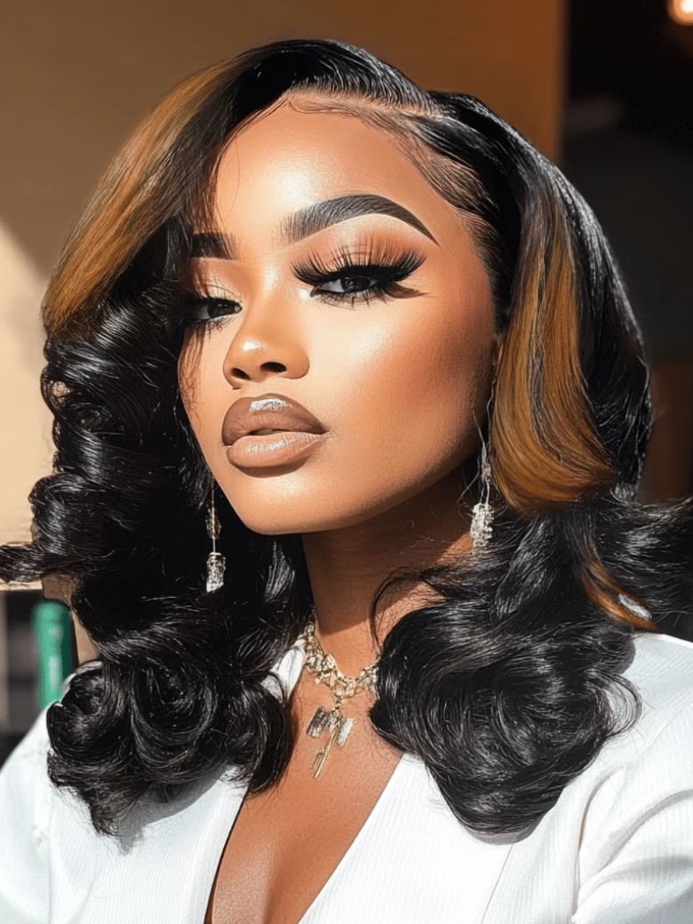 7x5 Bye-Bye Knots Natural Black & Black Cherry & Black with Caramel Blonde Highlights Body Wave Wig