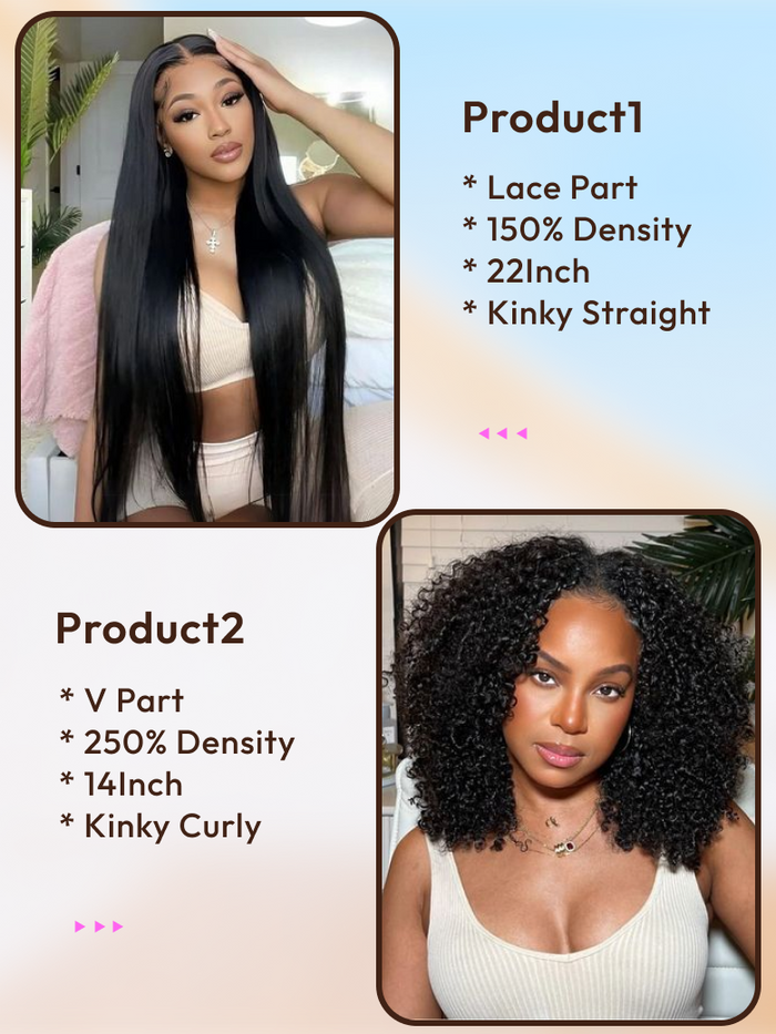 Petaluxe 2 Wigs $185 for 22" Middle Lace Part Kinky Straight Hair And 250% Density 14" V Part Kinky Curly Wig