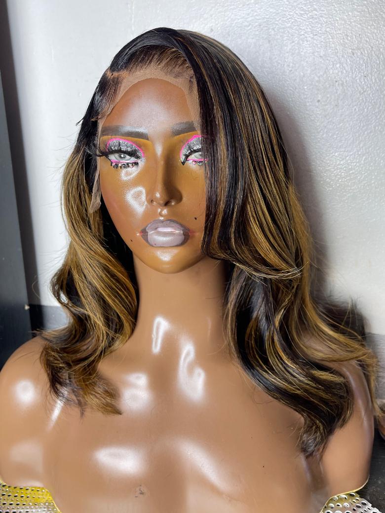 13x4 Lace Front Black With Medium Auburn Brown Highlights Loose Wave Shoulder Length Wig