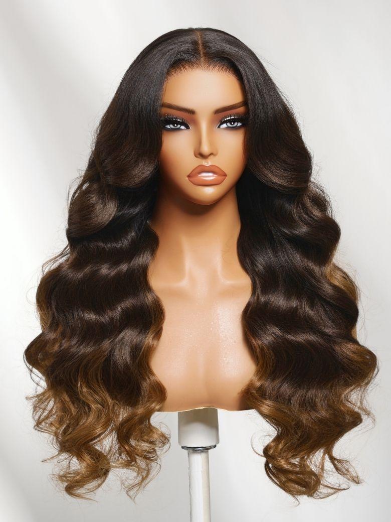 13x4 Bye Bye Slip? Lace Frontal Dark to Brown Ombre with Caramel Blonde Ends Yaki Body Wave Glueless Wig
