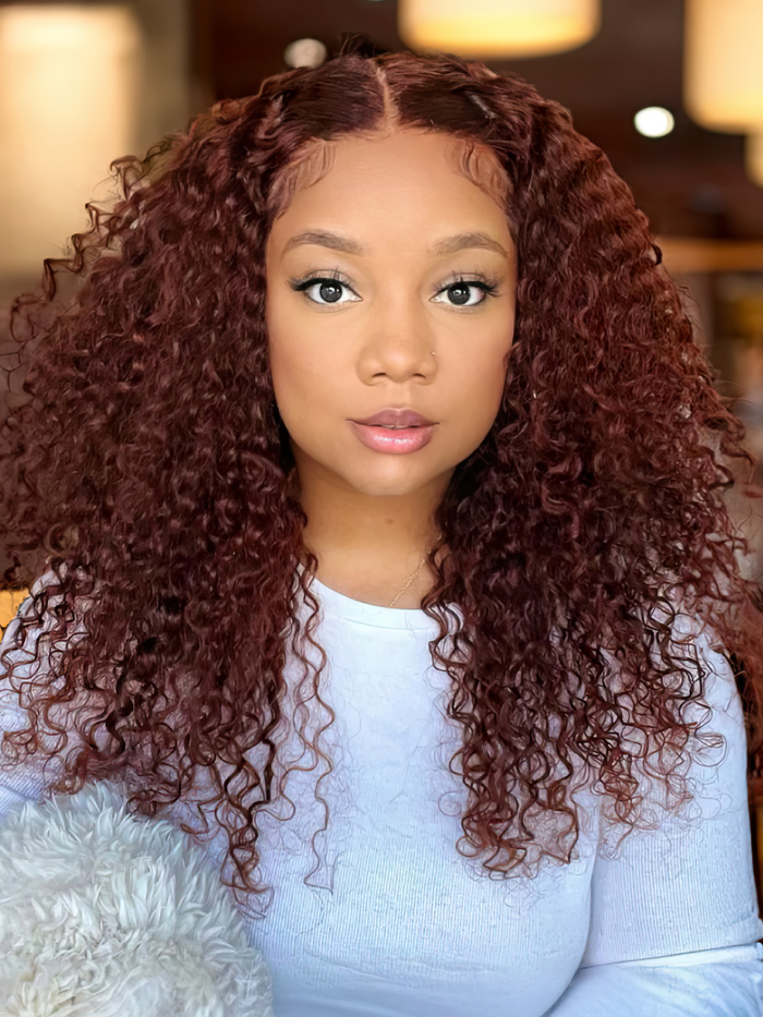 From 24'' Petaluxe Deep Warm Reddish Brown 3C Curly Hair 13x4 Lace Front Wig 250% Density