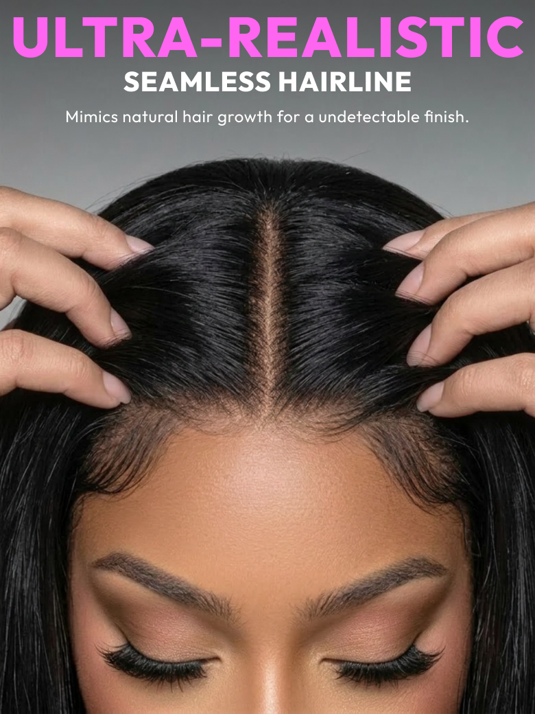 Close-up of glueless human hair wig featuring seamless hairline and realistic scalp appearance