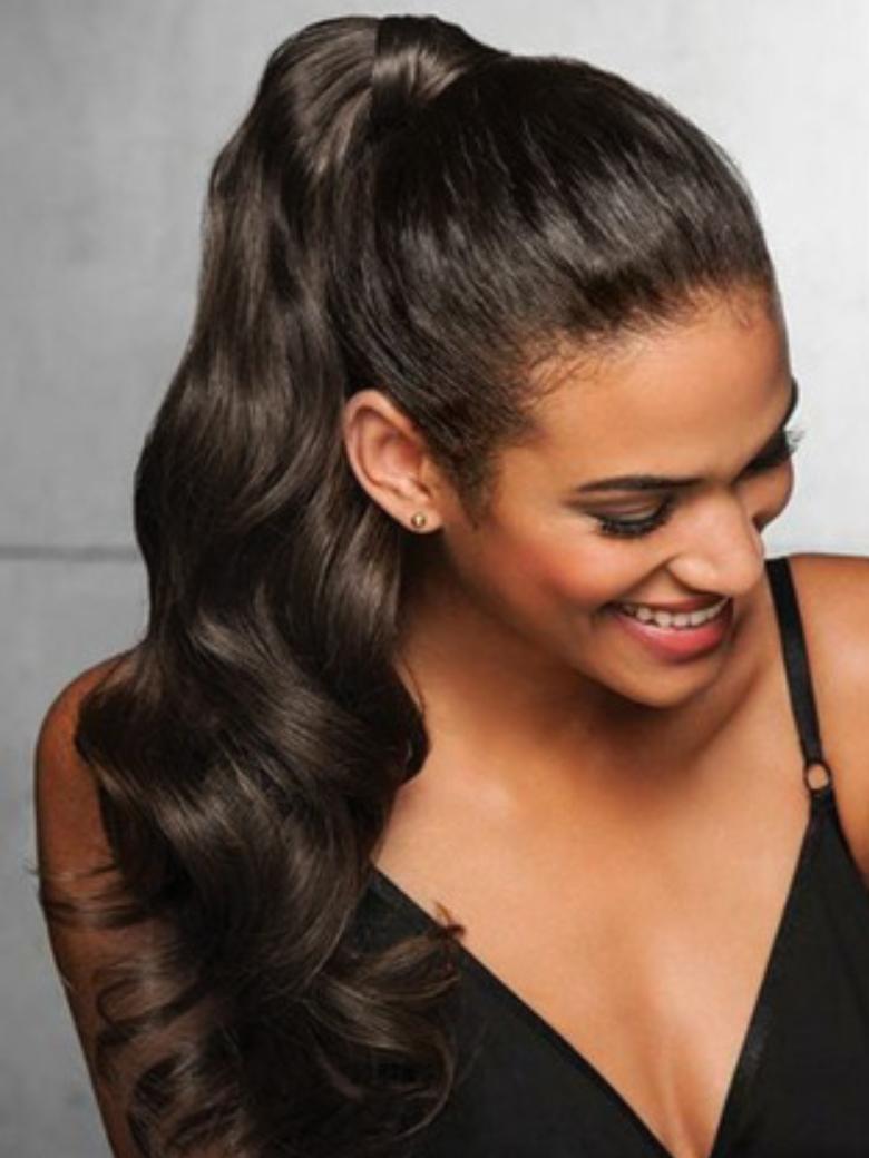Machine-Made Natural Black Loose Wave Clip-In Ponytail Extension