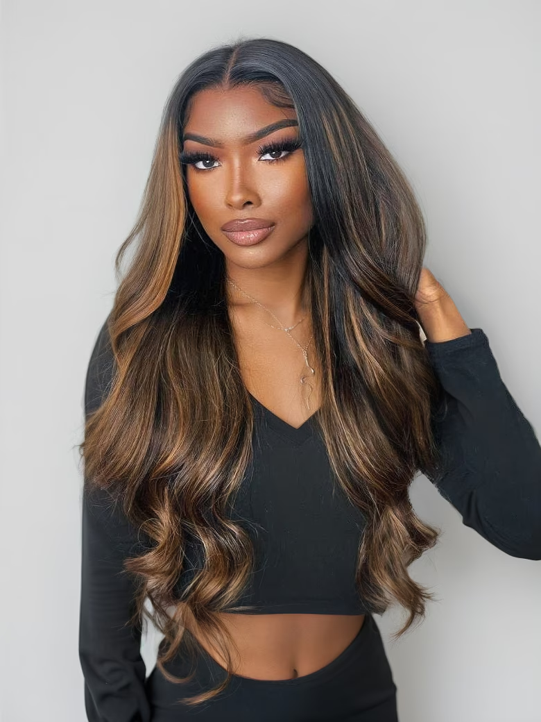 [With Drawstring]7x5 Lace Sun-Kissed Balayage Highlight Bye Bye Knots Glueless Lace Body Wave Wig& Real Scalp V part Wig