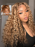 [22 Inch] Petaluxe 7X5 Pre-Cut/ Pre-Bleached/ Pre-Plucked Honey Blonde Highlights Water Wave Lace Wig With Invisible Knots