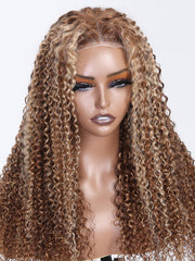 Put On And Go 6x4.5 Pre-Cut Lace Honey Blonde Kinky Curly Glueless Air Wig