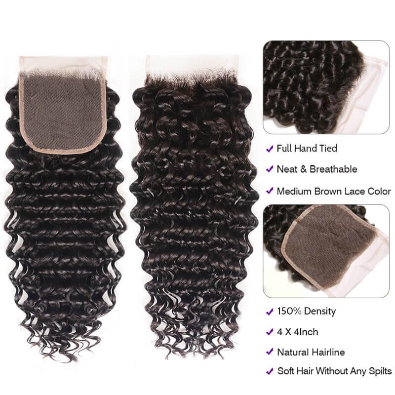 Indian Human Hair 4 Bundles Deep Wave With Closure Kysiss Series