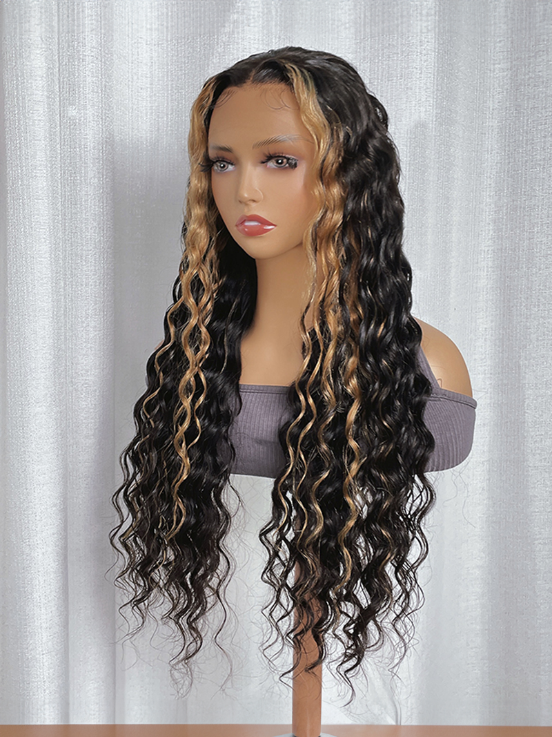 Blonde Skunk Stripe Highlighted 13x4 Lace Front Deep Wave Wig