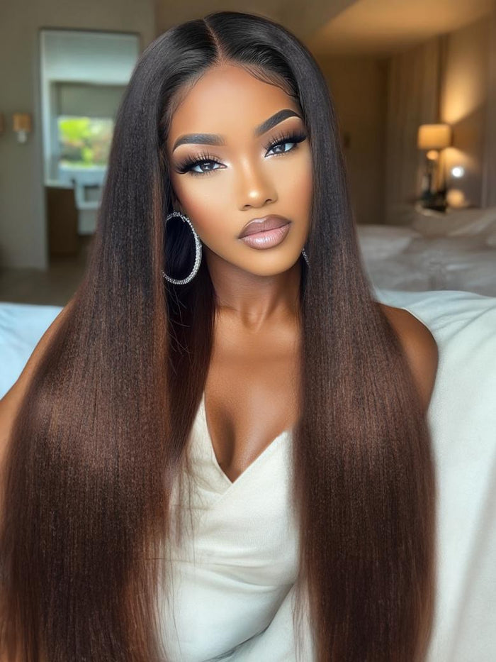 Petaluxe Glueless EasiContour? V Part With Invisi Drawstring Black to Chestnut Brown Ombre Yaki Wig
