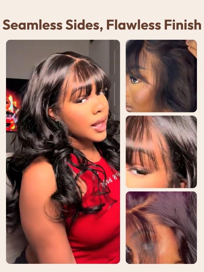 7x5 Bye-Bye Knots? & 13x4 Pre-Everything? Lace Frontal Black Fluffy Natural Loose Wave Curtain Bangs Wig