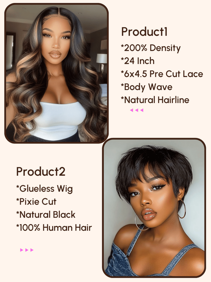 Petaluxe $149=2 Wigs | 200% Density 24" 6x4.5 Pre Cut Lace Wig and Glueless Bob Wig