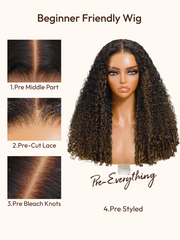 7x5 Bye Bye Slip? Glueless Lace Black to Chestnut Brown Ombre Burmese Curly With Finger Coil Ends Wig-Put On & Go With Invisi Drawstring