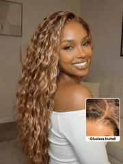 Must-Have 7x5 & 13x4 Bye Bye Slip? Lace Frontal Caramel Brown With Honey Blonde Highlights Water Wave Glueless Drawstring Wig
