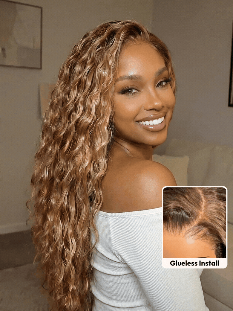 Must-Have 7x5 & 13x4 Bye Bye Slip? Lace Frontal Caramel Brown With Honey Blonde Highlights Water Wave Glueless Drawstring Wig