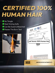 A certificate with the label Lab Tested: 100% Human Hair is displayed above text listing advantages of human hair: shiny & realistic, tangle-free, can be dyed, can be heated. Images show hair textures and a smiling woman holding hair.