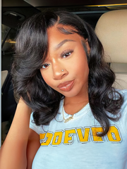 13x4 Lace Front 180% Density Hollywood Side Swept Bangs Shoulder Length Wavy Wig