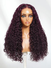 13x4 Pre-Everything? Lace Frontal Black Cherry Water Wave Glueless Drawstring Wig 100% Human Hair Wigs